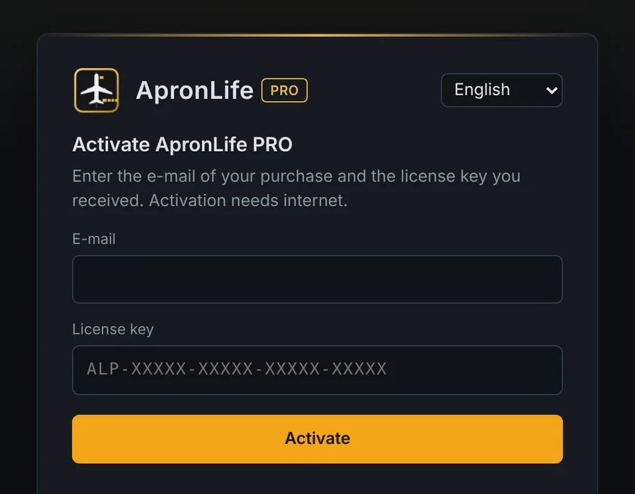 ApronLife PRO activation window with the e-mail and license key fields.