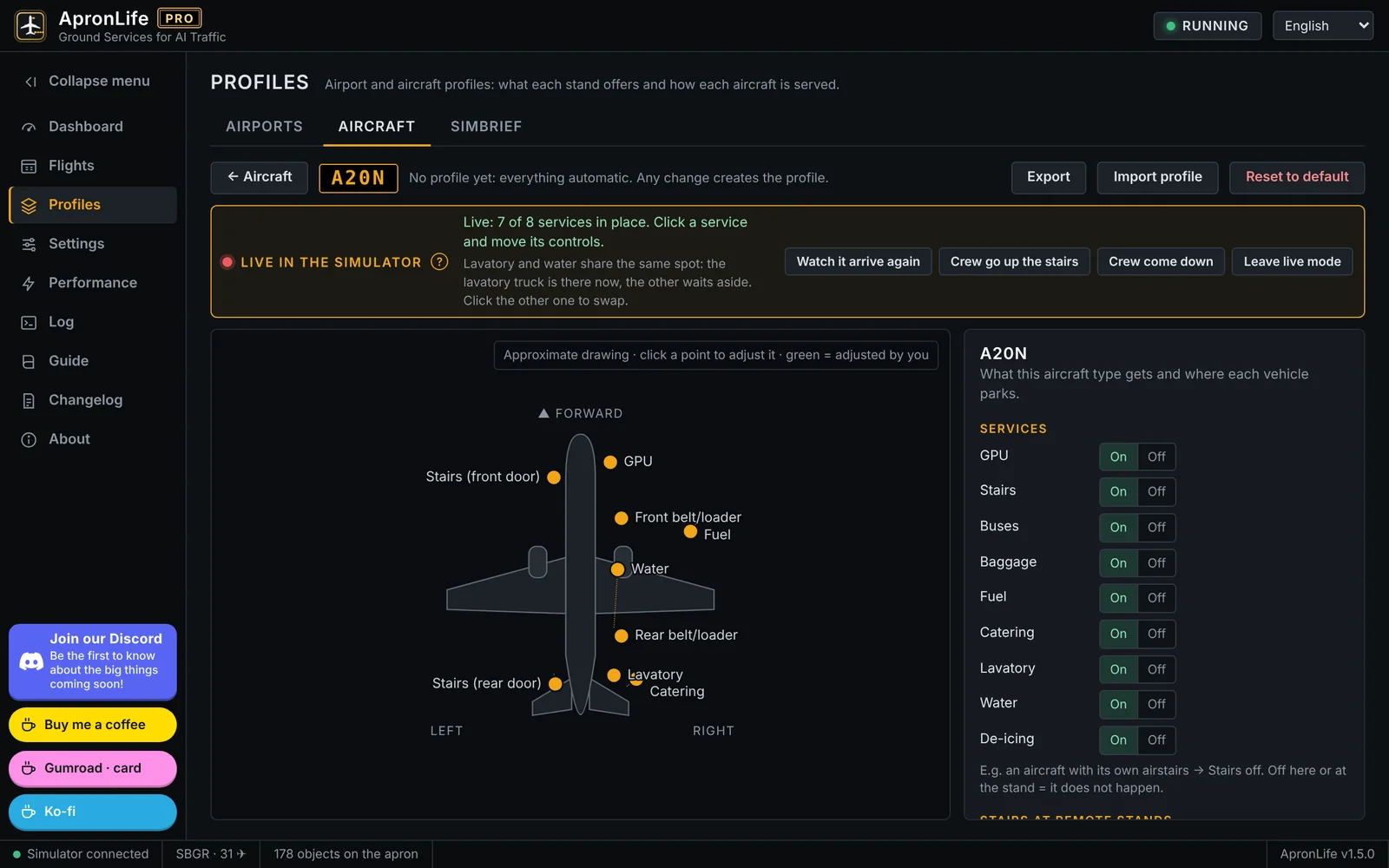 ApronLife PRO window, Profiles > Aircraft: A20N drawing with the service points and the LIVE IN THE SIMULATOR bar.