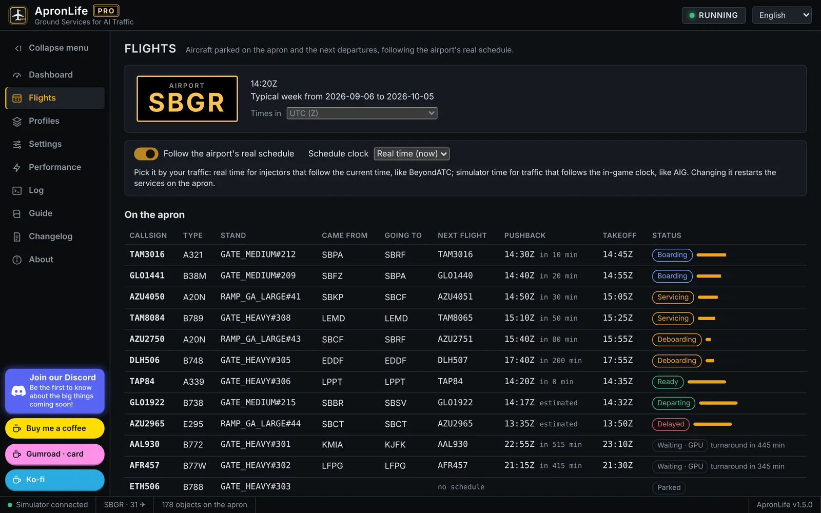 ApronLife PRO window, Flights tab at SBGR with the real schedule switch and the list of aircraft on the apron.