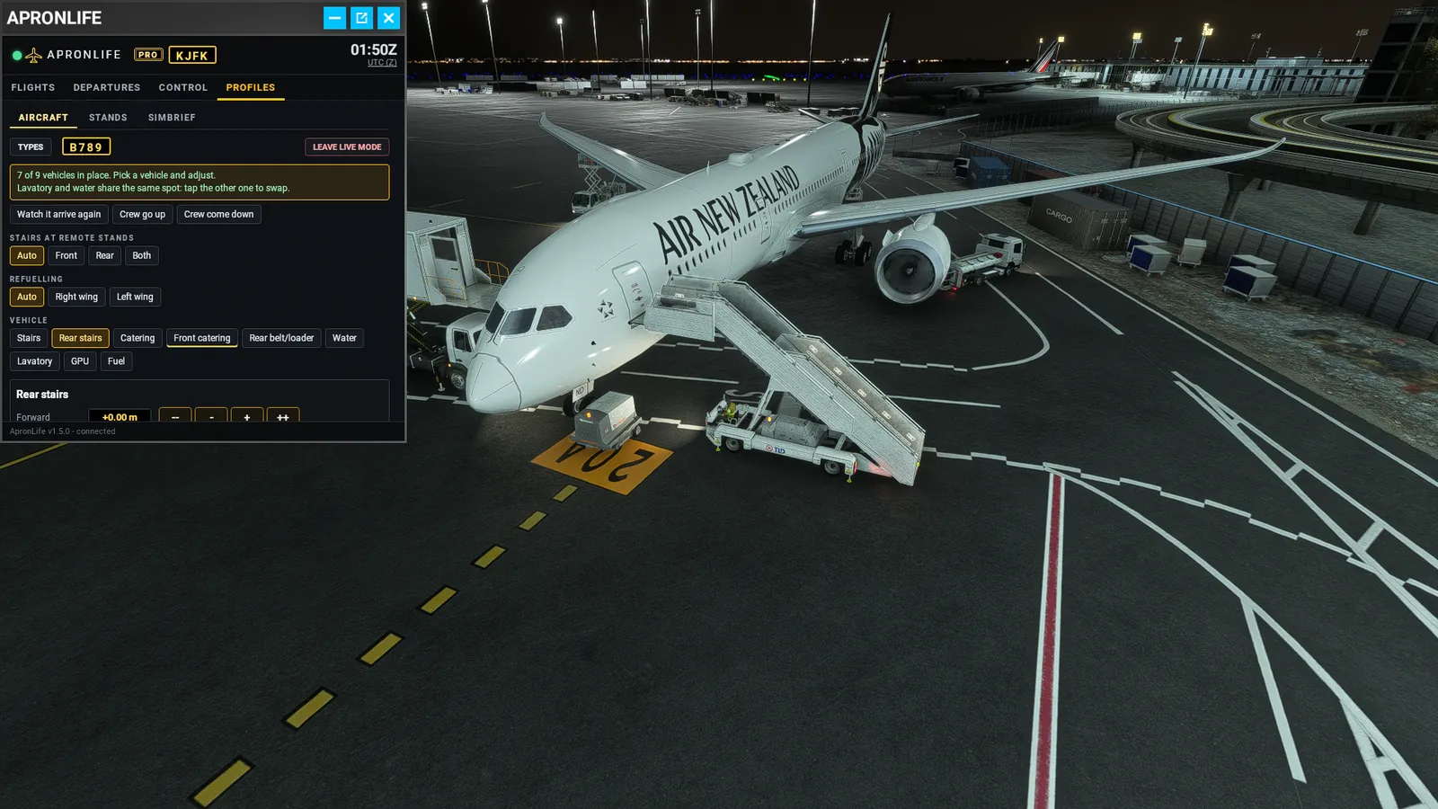 MSFS screenshot of a 787 at JFK at night with stairs and service vehicles, and the ApronLife PRO panel open in live mode.