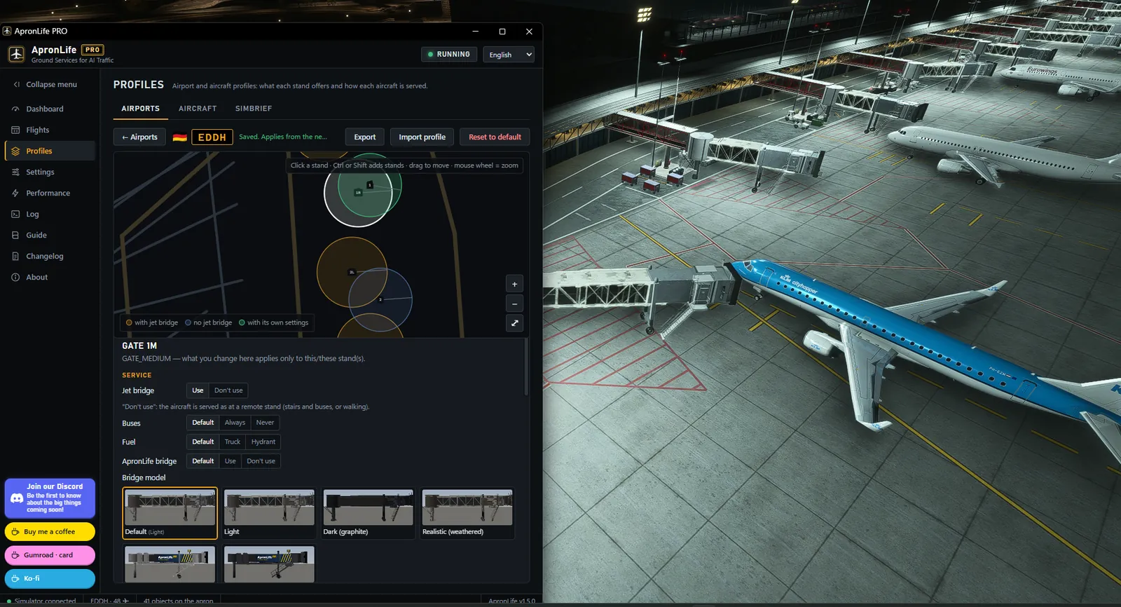 ApronLife PRO Airport Studio for EDDH next to the simulator view of a KLM jet at a gate with ApronLife jet bridges.