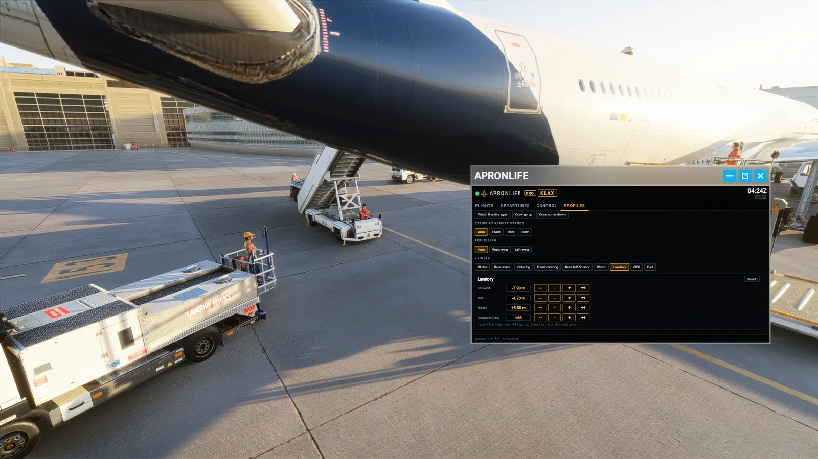 MSFS screenshot of a lavatory service truck under the tail of a widebody, with the ApronLife PRO panel showing the lavatory position controls.