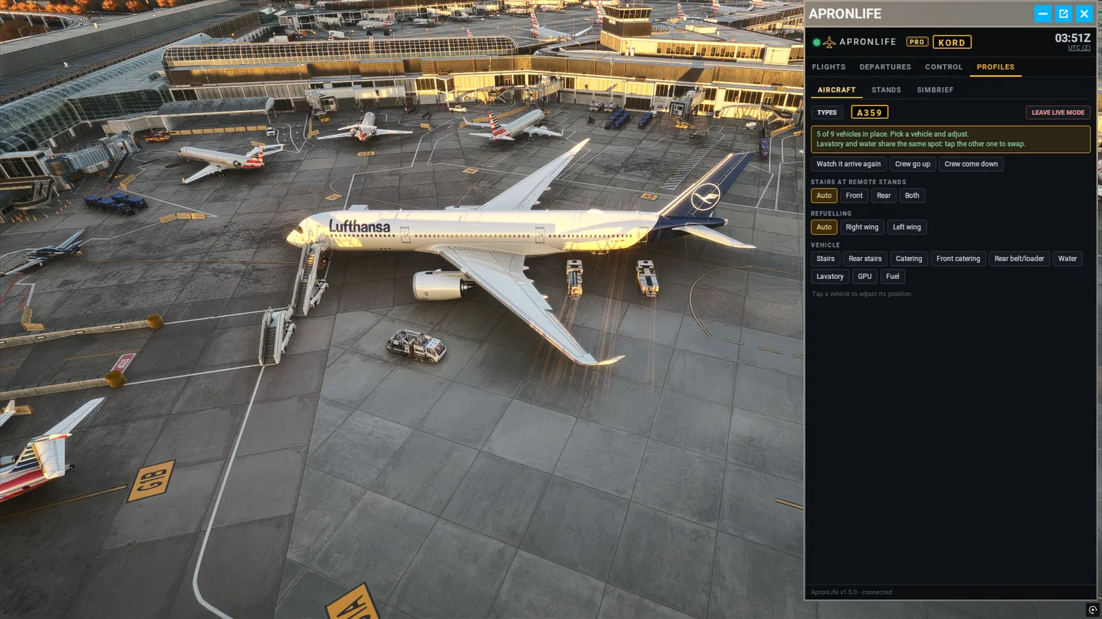 MSFS screenshot of a Lufthansa A350 at a gate in Chicago with service vehicles, and the ApronLife PRO panel open in live mode.